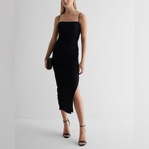 Express Body Contour Mesh Ruched Side Slit Midi Dress With Bra Cups NWT size s